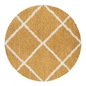 Paco Home Tapis Rond Salon Shaggy Moderne Tapis Poils Longs Scandinave Motif Diamant, Dimension:160 cm Rond, Couleur:Jaune