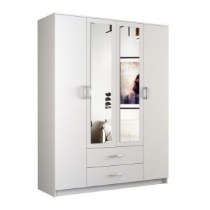 Hucoco ROMA Grande Armoire chambre bureau Penderie multifonctions 2 portes 2 Miroirs 2 tiroirs Meuble de rangement Etagères blanc