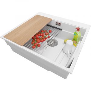 Évier Cusine en Granit 58x53 cm Lavabo Cuisine 1 Bac + Kit de Vidage, Évier au meuble 60cm Évier à Encastrer de Primagran, Blanc