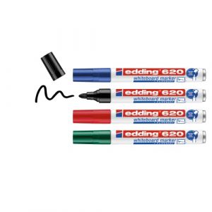 Edding 620 Marqueur pour tableaux blancs - multi-couleur - 4 stylos - pointe ronde 1,5-3 mm - feutre effaçable - pour tableaux blanc, magnétique, mémo et chevalet de conférence - rechargeable