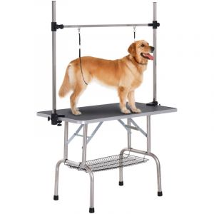 Pawhut Table De Toilettage Pliante Pour Chien - Bras R&eacute;glable 2 Harnais, &Eacute;tag&egrave;re - Max. 100 Kg - Acier Inox Noir