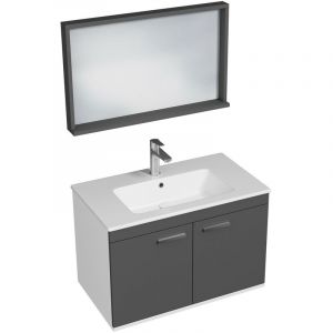 RUBITE Meuble salle de bain simple vasque 2 portes gris anthracite largeur 80 cm + miroir cadre