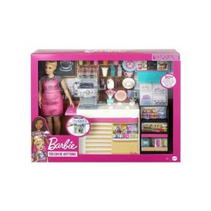 Mattel Coffret La Cafétéria + 20 accessoires + 1 poupée - Poupée Mannequin - Métier Restaurant - Set Vendeuse de Café + 1 Carte