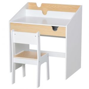 Image de Bureau enfant style scandinave - ensemble bureau et chaise - tiroir coulissant, pr&eacute;sentoir livres - MDF blanc aspect bois de pin