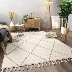Paco Home - Tapis Salon Chambre Adulte Poils Ras Motif Boho Motif Scandinave Franges 160x220 cm, Beige 2