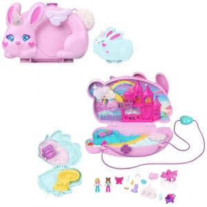 Polly Pocket Coffret de Voyage Lapin avec 2 Mini-Figurines et 12 Accessoires, Dont des Animaux de Compagnie, Coffret Sac à Main 2 en 1 thème Lapin Licorne