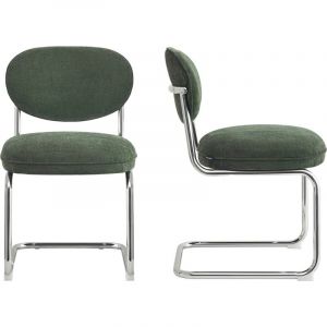 Lot de 2 chaises de salle &agrave; manger en tissu chenille vert, pi&egrave;tement chrom&eacute; - Lou