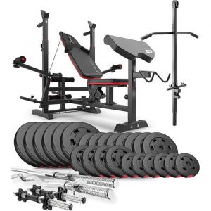 Hop-Sport Ensemble d'haltères 135 kg et Banc de Musculation Multifonction HS-1075, Pupitre de Biceps, Papillon, Poulie haute, Set de disques de poids en plastique 31 mm, Kit de Barres d'haltères