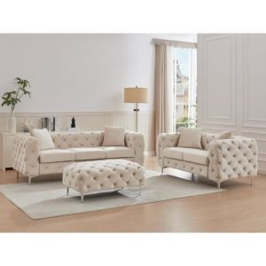Vente-unique - Canap&eacute; 3 places, 2 places et pouf chesterfield en velours beige edwina