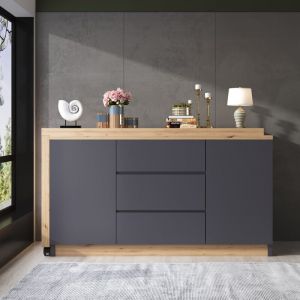 Bureau d'angle 120x50x76.5cm - Plateau pivotant - 3 tiroirs et 2 portes - Avec roulettes verrouillables - Gris+naturel