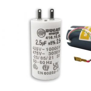 Condensateur 2,5 µF – Moteur de volet roulant ou store – Compatible somfy, simu, nice – Cylindrique – 2 cosses Faston 2,8 mm – 450V – 6Nm