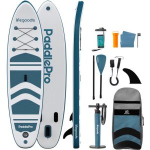 LifeGoods PaddlePro SUP Board - Planche à pagaie gonflable - Ensemble complet - Max. 135KG - 320x81cm - Blanc/Aqua profond