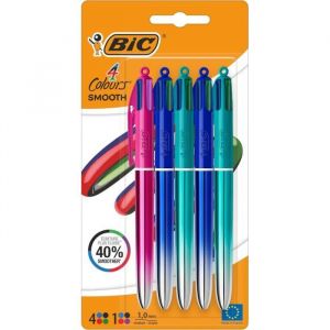 Bic 4 Couleurs Smooth Stylos-Billes Rétractables à Pointe Moyenne (1 mm) - Stylo 4 Couleurs avec encre effet gel fluide - Couleurs d’Encre Assorties, Pack de 5