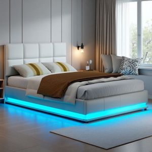 Lit Double 140x190 - Coffre Adulte - Sommier Renforc&eacute; - &Eacute;clairage LED - Design Moderne