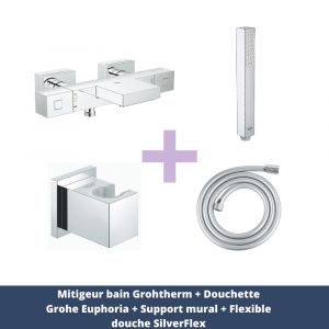 Image de Grohe Mitigeur bain Grohtherm + Douchette Euphoria + Support mural + Flexible douche SilverFlex