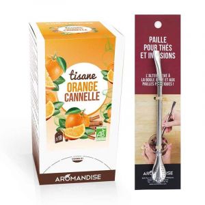 Aromandise Tisane orange et cannelle bio 20 sachets + paille inox avec filtre