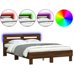 VidaXL Cadre de Lit avec Tête de Lit et LED, Lit Double avec Sommier à Lattes, Lit Adulte de Chambre, Chêne Marron 135x190 cm Bois d'Ingénierie