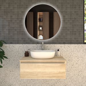 Meuble de salle de bain 1 tiroir avec vasque à poser arrondie - bambou (chêne clair) - pena et miroir Led solen - 80cm