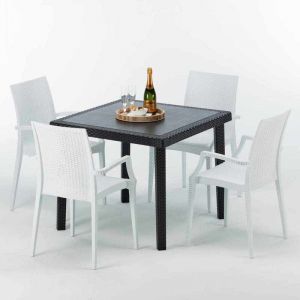 Grand Soleil Table carrée et 4 chaises Poly rotin resine bar bistrot cafè exterieur 90x90 noir | Bistrot Arm Blanc