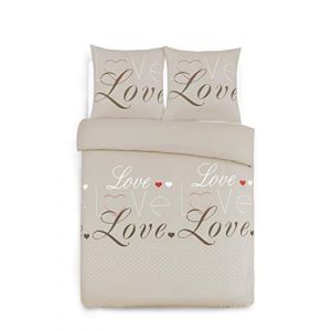Vision Parure Flanelle Love Gris - Housse de Couette 200x200cm avec 2 taies Assorties - 100% Coton