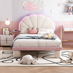 Wishdor - Lit simple 90x200 cm, lit capitonné enfant avec led multicolores, pieds ronds capitonnés, velours, beige et rose