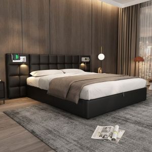 Oem Lit coffre LED 180x200cm - Noir - Ports USB - Recharge sans fil - &Eacute;clairage int&eacute;gr&eacute;