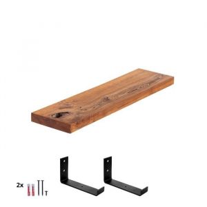 Tagère murale en bois massif, bord régulier, étagère de rangement Industrial, bois foncé / équerre noire 70cm, LWG-01-A-004-70JS - Foncé / Noire