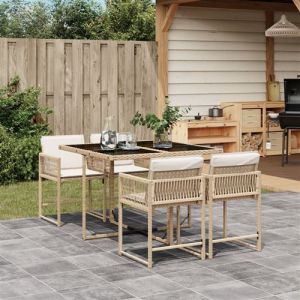 VidaXL Ensemble &agrave; Manger de Jardin avec Coussins 5 pcs, Table et Chaises &agrave; Dossier Rabattable, Meubles d'Ext&eacute;rieur Patio Terrasse, Moderne, Beige R&eacute;sine Tress&eacute;e