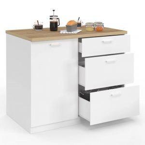 Idmarket Ilot central TIBO 110 cm casserolier 3 tiroirs bois blanc avec plan de travail fa&ccedil;on h&ecirc;tre