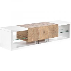 Beliani Meuble TV design blanc / effet bois clair 3 tiroirs FULERTON