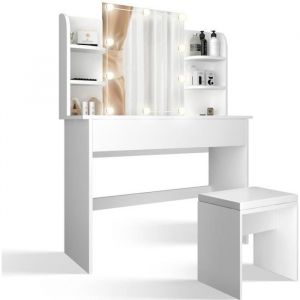 Miadomodo Coiffeuse Table de Maquillage - avec Miroir Lumineux et Tabouret Rembourré, Éclairage led Hollywood, Style Moderne, Blanc - Bureau de