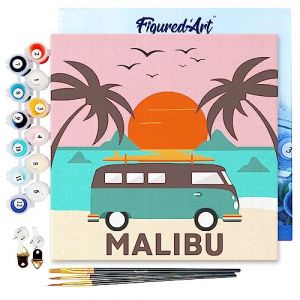 Figured'Art Mini Peinture par Numéro Adulte 20x20cm avec cadre Plage Malibu - Petit Format Kit de Loisir Créatif DIY Numéro d'Art Complet
