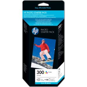 HP CG846EE - Starter Pack photo de 2 cartouches d'encre n°300 noire et 3 couleurs avec papier photo A6 50 feuilles