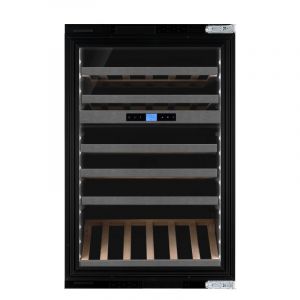 Le chai CAVE MULTI-USAGES encastrable auto-ventilee, 49 bouteilles, 2 zones, Cadre de la porte vitree noire, Porte reversible, ouverture droite, Porte triple vitrage, traite anti-UV, . Push-open (sans poignee), fermeture douce et automatique de la porte
