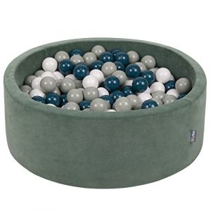 Piscine à balles KiddyMoon Velours 90x30cm - 200 balles 7cm - Vert Forêt: Turquoise Foncé/Gris de Vert/Blanc