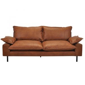Miliboo - Canap&eacute; 3 places en cuir aspect vieilli marron cognac et m&eacute;tal noir DORY