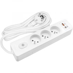 Multiprise seldur G3FH32B, 3 prises type e + interrupteur, usb a+c charge rapide 20W, Blanc, c&acirc;ble 3m