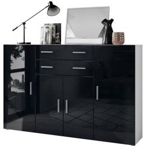 Vladon - Buffet haut Commode Aron Blanc mat - haute brillance et tons naturels - Façades en Noir haute brillance - Façades en Noir haute brillance