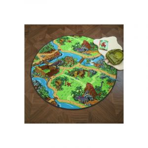 Décoweb Tapis rond de jeu enfant - Circuit de voiture - Volcans et dinosaures - Ø 150 cm