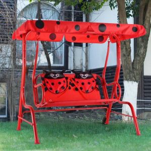 COSTWAY Balancelle de Jardin pour Enfants 2 Places Toit Tissu Anti UV Balançoire Jardin pour Enfants Chaise Motif de Scarabée Rouge