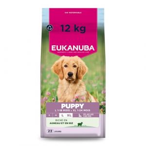 Eukanuba Life Care Croquettes Chiot/Junior Grande Race 1 à 18 mois, Race Géante 1 à 24 mois, Riche en Agneau & Riz, DHA, Calcium, Oméga 3&6, FOS, MOS, Sans colorants, arômes artificiels ni OGM – 12 kg