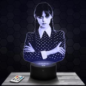 Lampe 3D - Mercredi Addams - Accessoire Merch Cadeau Mercredi Addams - Veilleuse Led Tactile avec socle au choix et télécommande