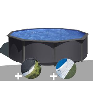 Gre Kit piscine acier gris anthracite Louko ronde 4,80 x 1,22 m + Bâche d'hivernage + Tapis de sol