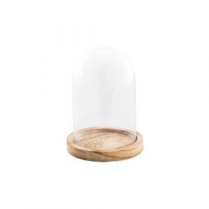 Chaks Cloche Verre sur Support Bois Paulownia 10X13.7CM, Beige