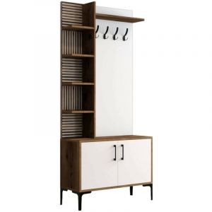Meuble d'entrée Dghilard, Crochet d'entrée, Composition pour l'atrium, Console de rangement multifonction, 90x35h200 cm, Noyer et Blanc - Dmora