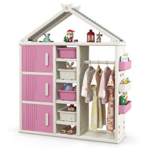 Coast House étagère pour enfants avec porte-manteau - Armoire à jouets pour chambre d'enfant avec paniers latéraux, 4 boîtes de rangement et étagères réglables - Rose/Blanc - 130×34×156.5 cm