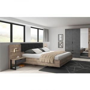 Image de Bobochic Ensemble lit 160x200 sommier inclus et 2 chevets ARDENSIA Chêne vieilli et Graphite - Marron