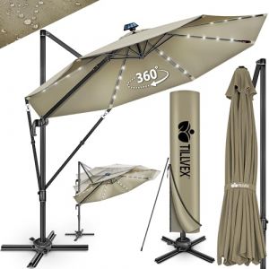 Tillvex Parasol déporté LED solaire hexagonale 330 cm Premium avec manivelle | Avec housse & protection contre le vent | Parasol à manivelle réglable sur 7 positions | Parasol de jardin