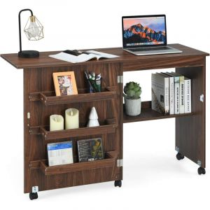 Image de Costway Meuble Pour Machine &Agrave; Coudre Table De Couture Pliante Avec 3 Etag&egrave;res Pour Bobines Et Roulettes Verrouillables En Bois