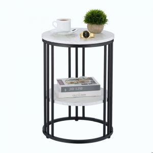 Relaxdays Table d'appoint, métal et mdf, 2 plateaux aspect marbre, h x d : 56 x 40 cm, pour le salon, blanc et noir